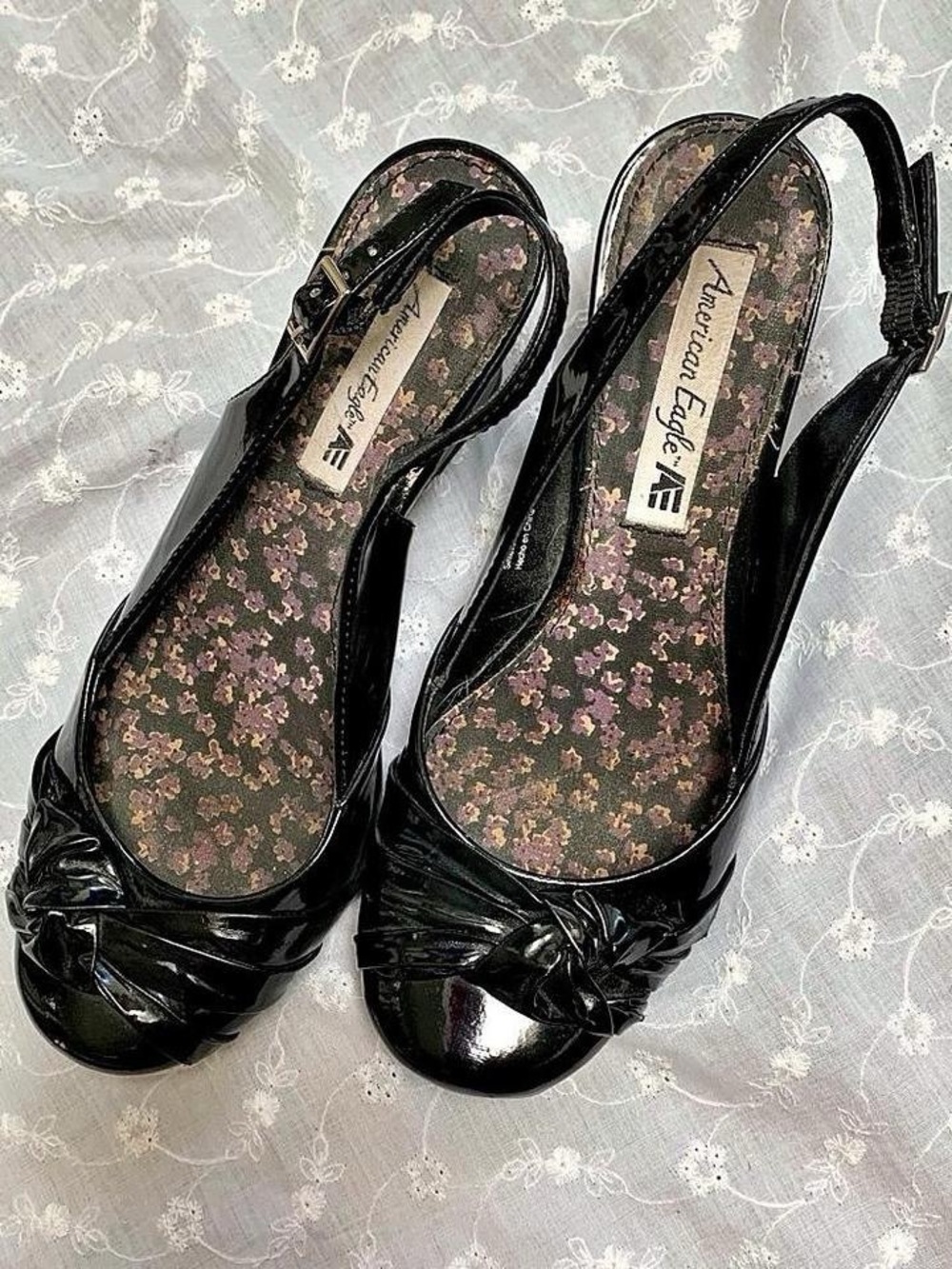 American Eagle Outfitters Black Patent Slingback Peep-Toe Knotted Flats